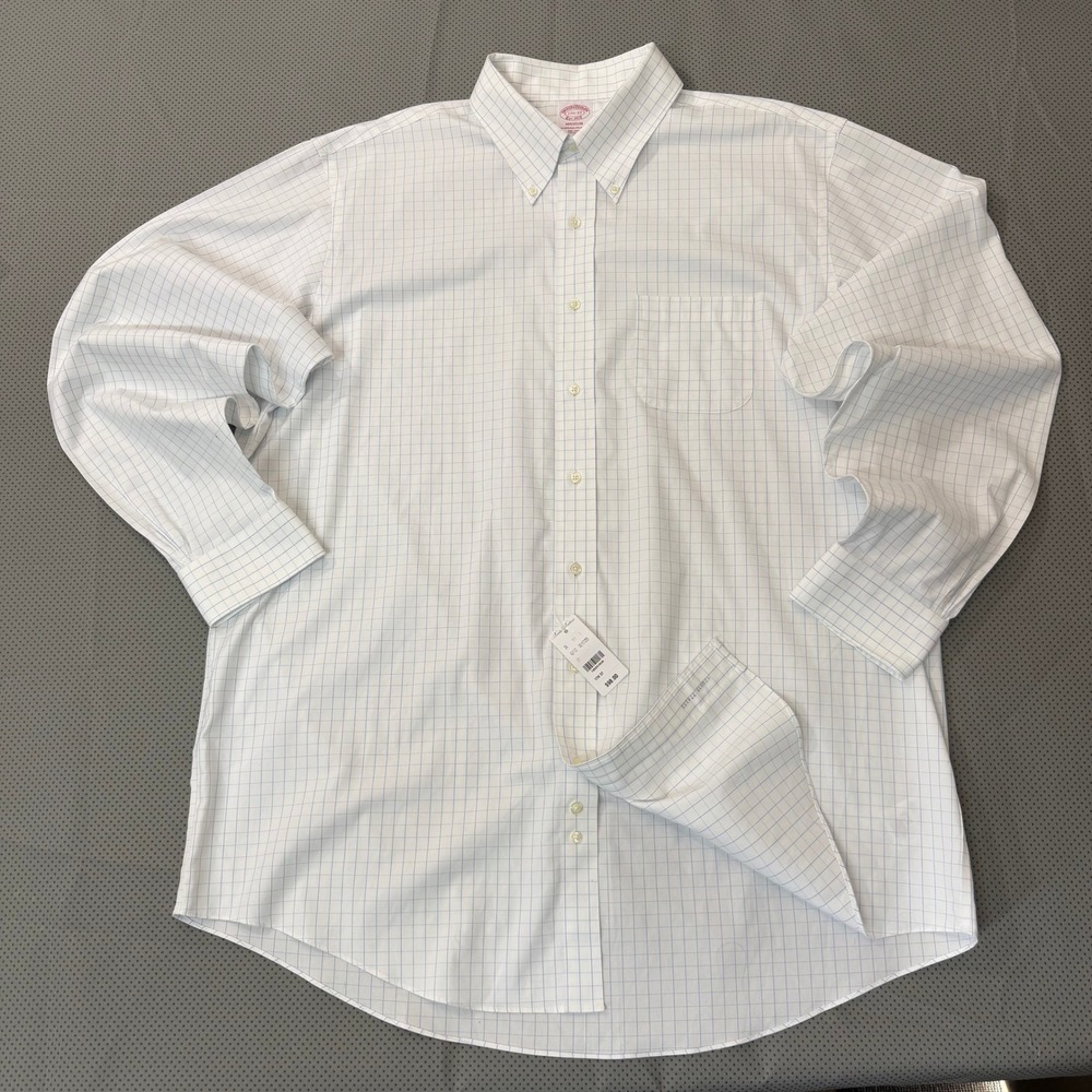 Brooks Brothers Madison Shirt Mens 17.5-37 White Windowpane Non-Iron Stretch NWT